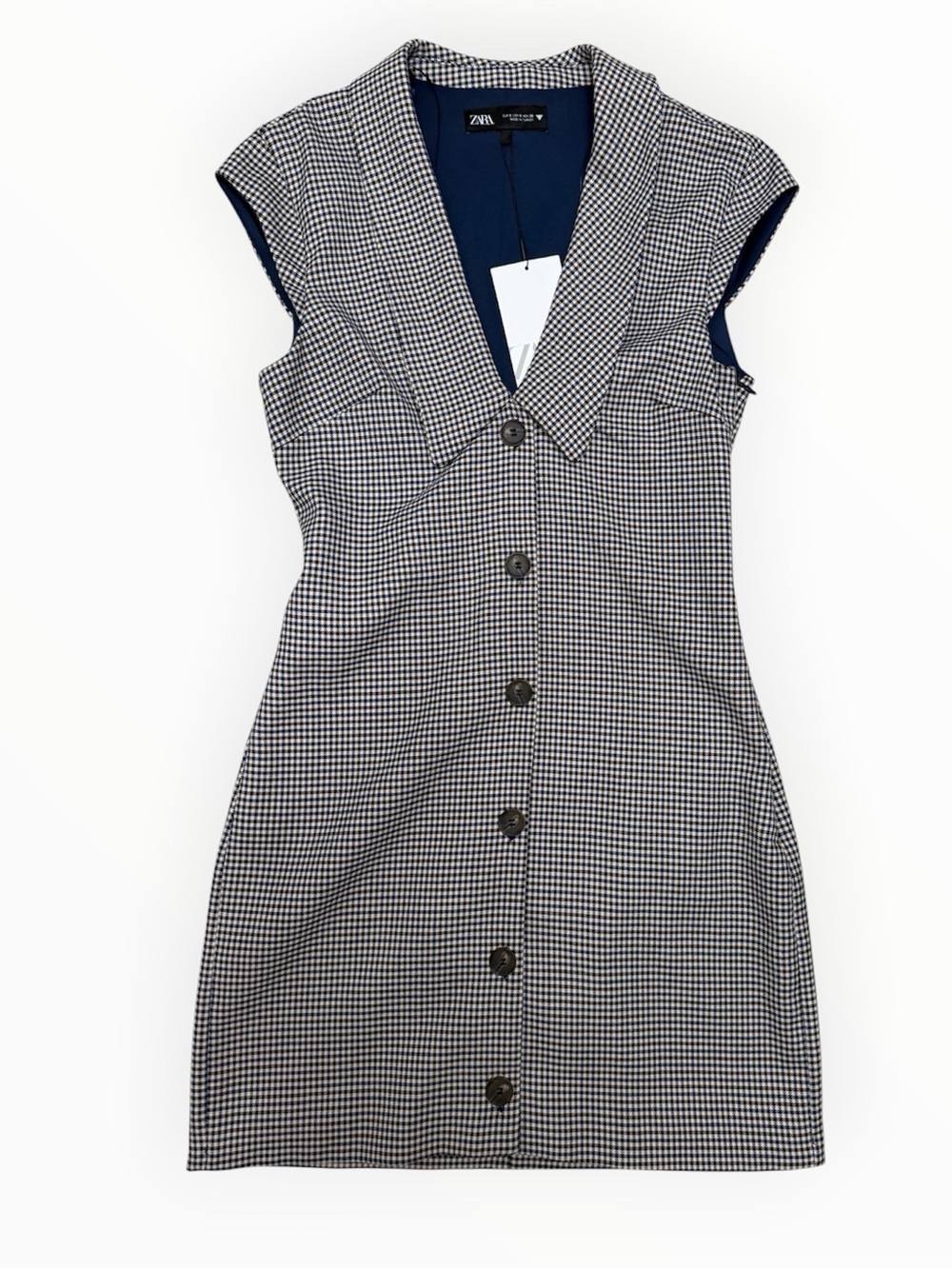 Zara Check Mini Dress – Sleeveless Blazer Style Lapel Button-Down Vest Dressing
